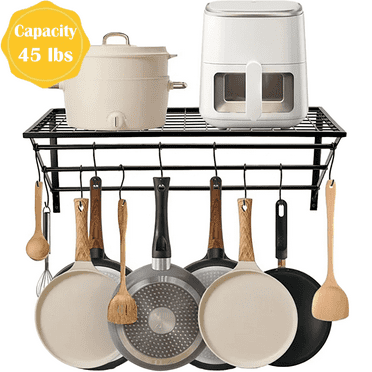 petoto  Hanging Pot Rack, Wall Mounted 2-Tier Pot and Pan Rack, Kitchen Storage Shelf with 10 S-Shaped Hooks