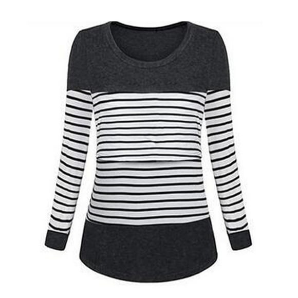 Camisas de maternidad para mujer, cuello redondo, manga larga, elásticas, a rayas, para lactancia materna rápida, color negro M