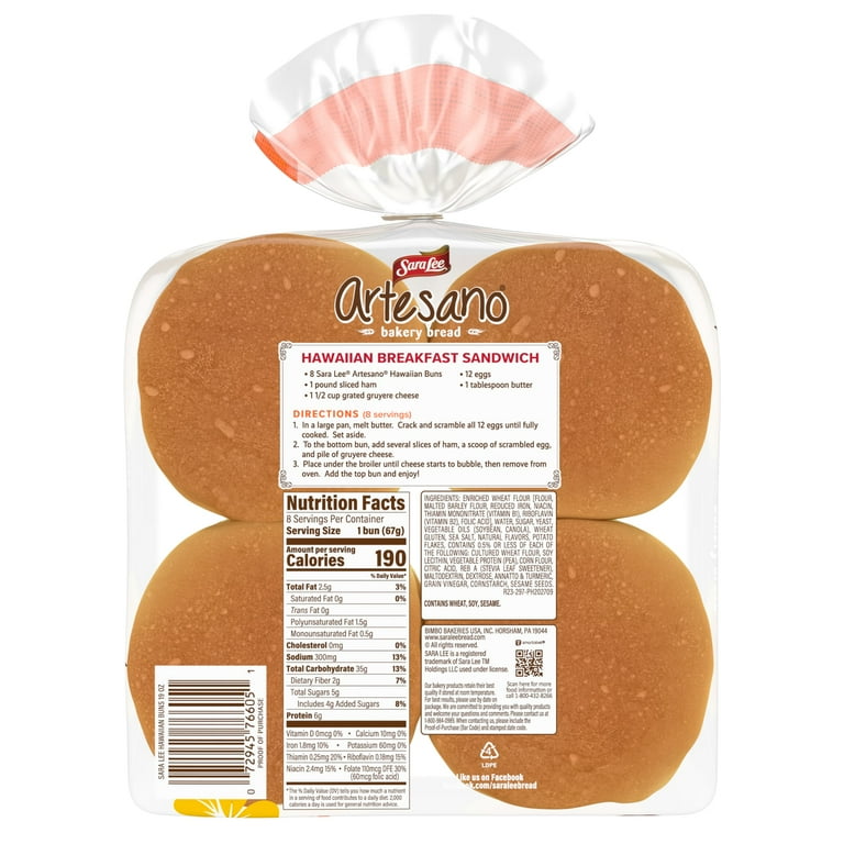Sara Lee Artesano Hawaiian Buns, Sweet Fluffy Rolls, 8 Count, 19
