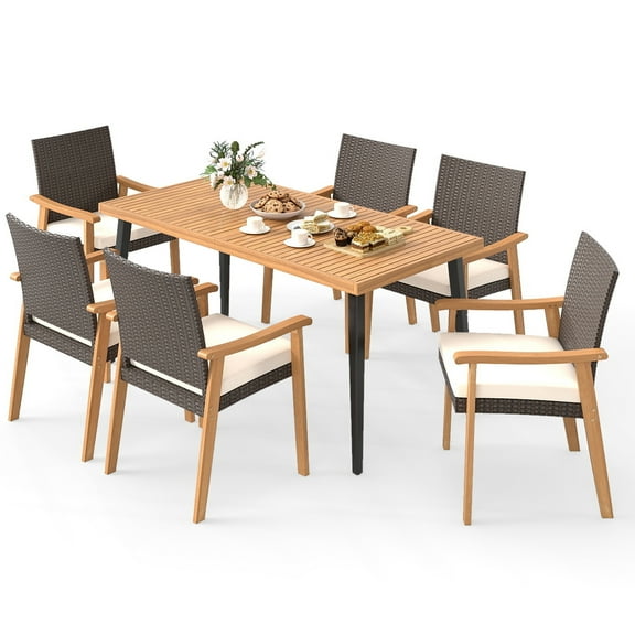 Gymax 7PCS Patio Dining Table Set w/Tabletop 1.97'' Umbrella Hole Removable Cushion