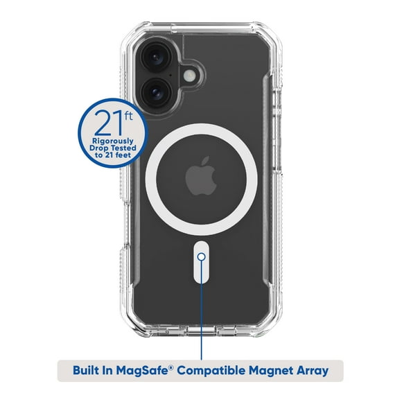 onn. iPhone 16 MagSafe Compatible Rugged Phone Case with Smartport Protection, Clear, Drop tested to 21 ft./6.4 m