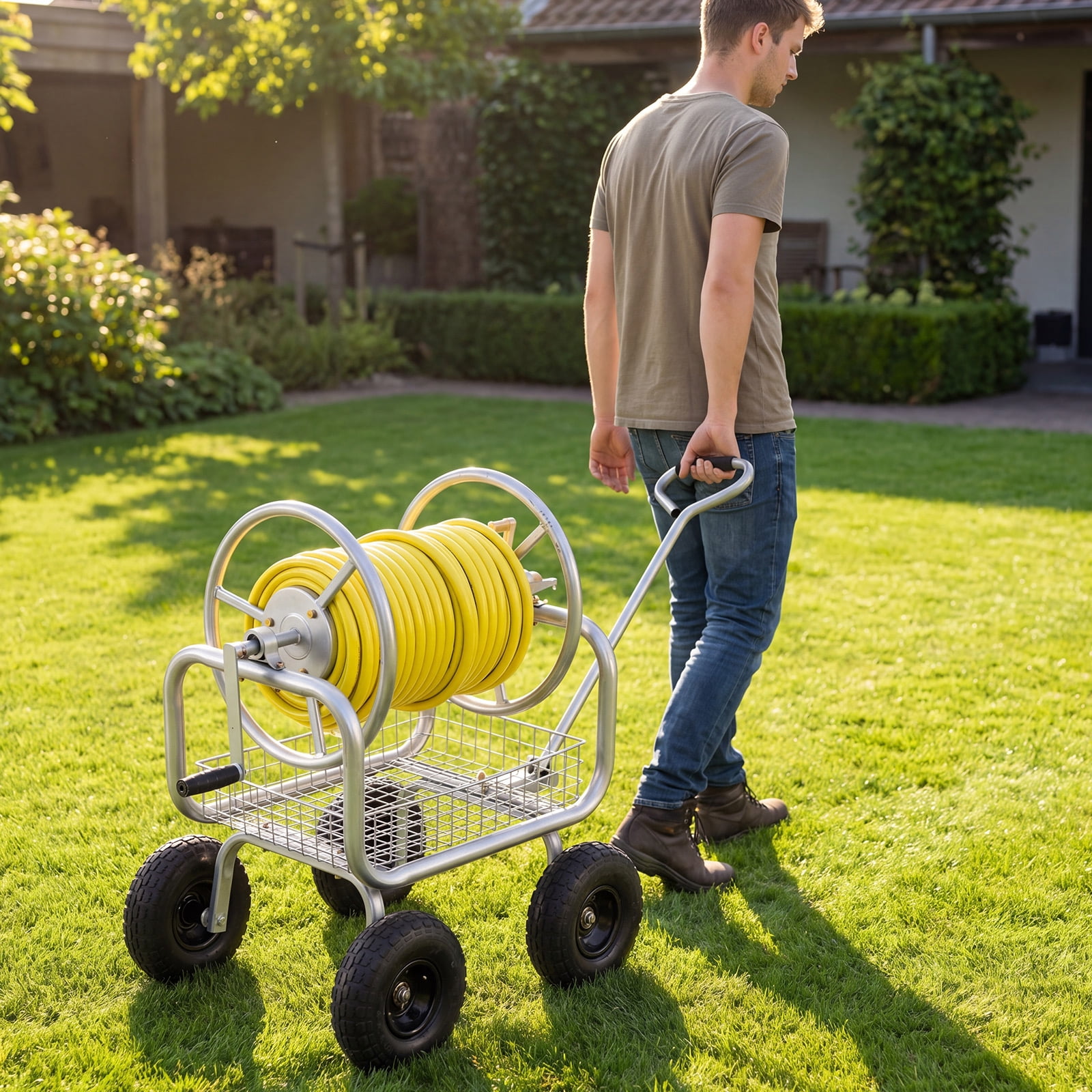 Costway Garden Hose Reel Cart with 4 Wheels, Storage Basket, 300 FT of 5/8” Large Capacity Silver