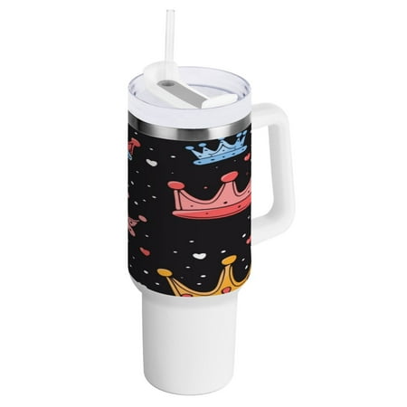 

40 Oz Car Handle Water Bottle 10.8x3.85 Inch Handle And Straw Travel Water Bottle Reusable Stainless Steel Water Bottle Cartoon Crown Cute