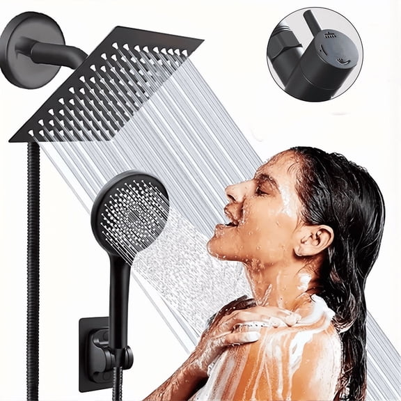 8 Inch Black Rain Dual Shower Head Combo – High Pressure 3-Setting Handheld Spray Set, Square Rainfall & Waterfall Modes, Wall Mounted, Modern Design
