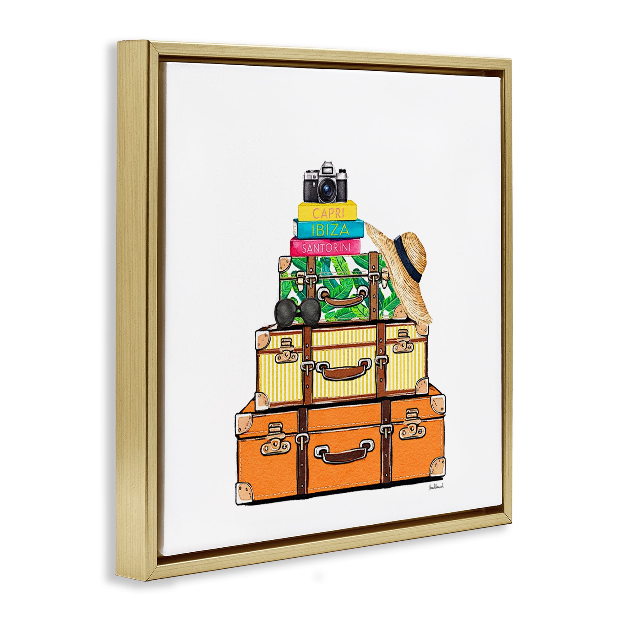 Stupell Industries Travel Suitcases & Camera Gold Framed Floater Canvas Wall Art, design by Amanda Greenwood