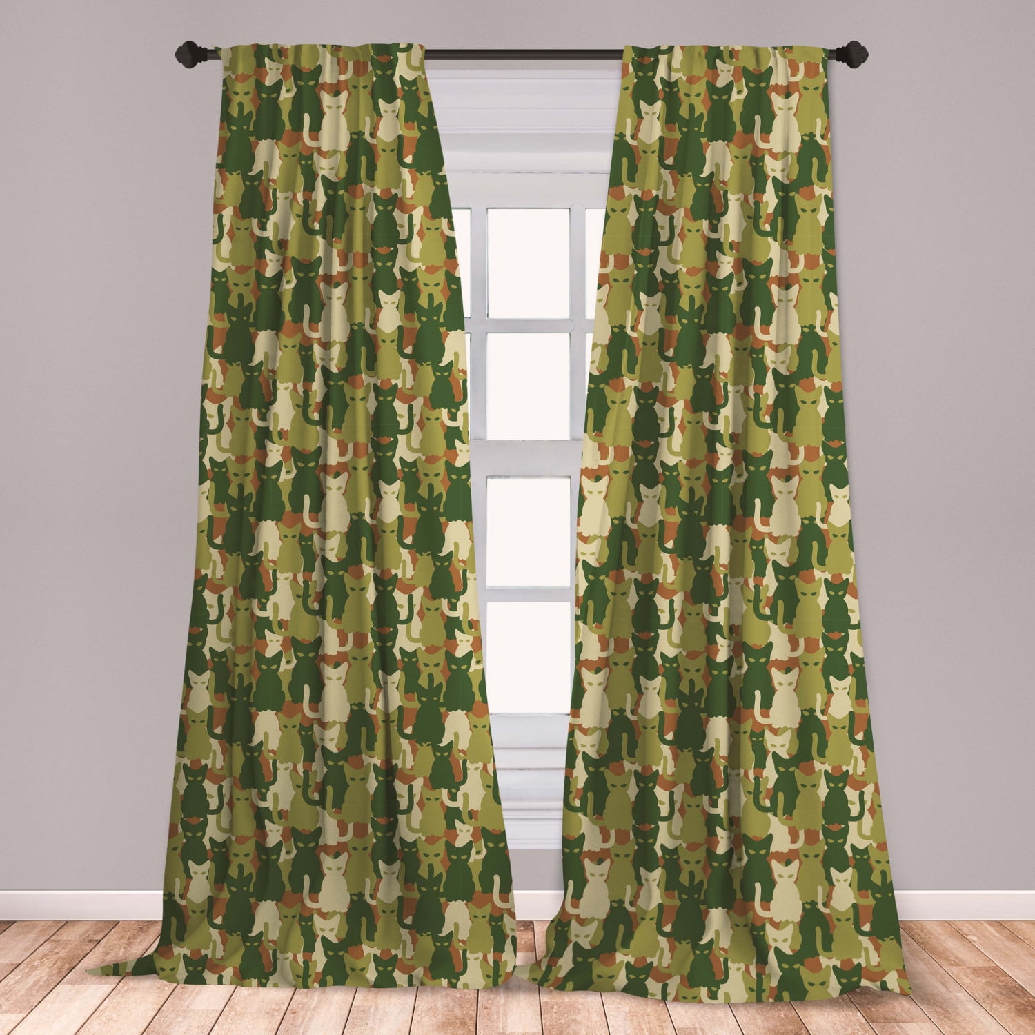Camo Curtains 2 Panels Set, Kitten Silhouette Protective Cat Theme in
