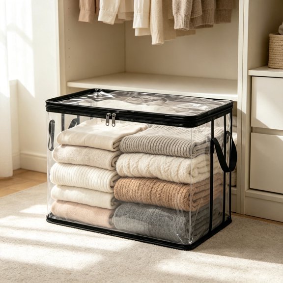 DURUA Large Clear Storage Bag with Zipper and Handles, Heavy-Duty PVC Stackable Clothing Storage Bag for Moving, Blankets, Closet Organization