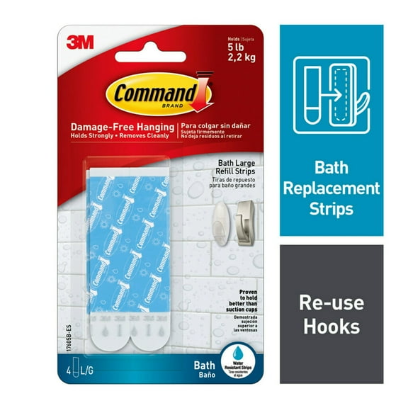 Command Bath Refills, 4 Large Water-Resistant Strips, Bathroom Organization, 17605B