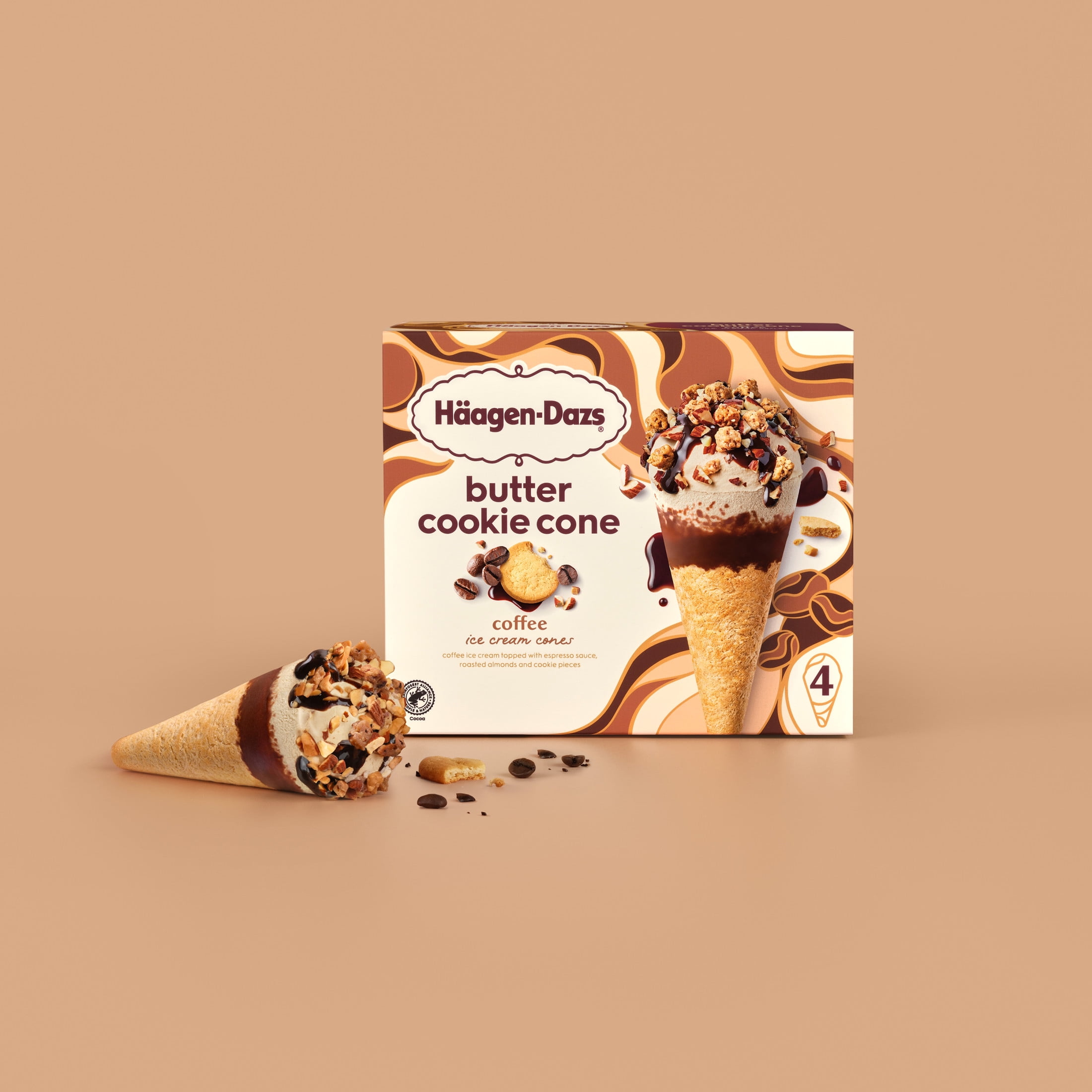 Haagen Dazs Coffee Butter Cookie Ice Cream Cone Dessert, 4 Count Package