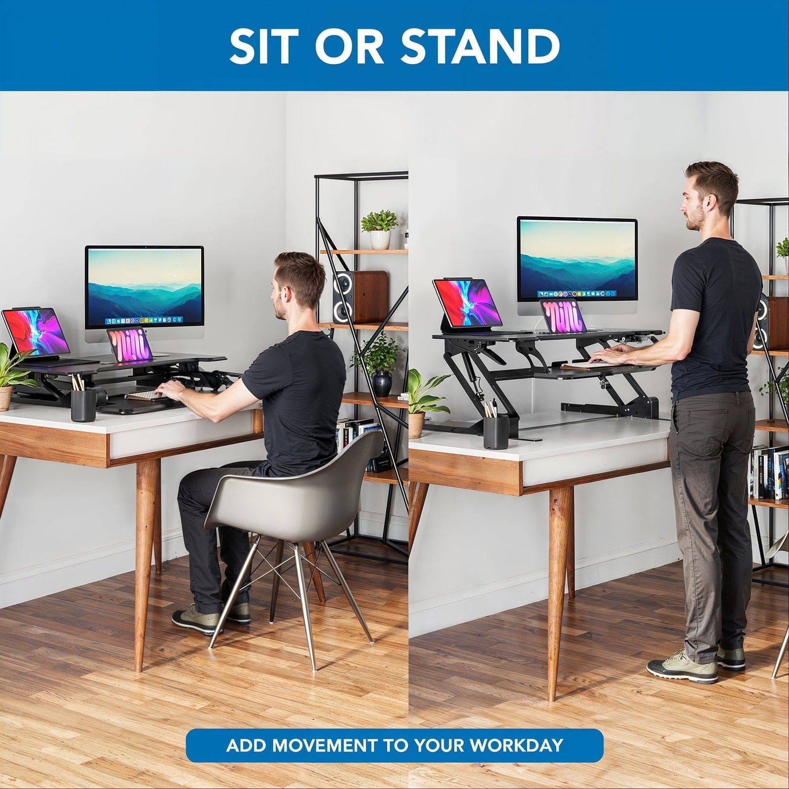 Mount-It! 38'' Standing Desk Converter – Height Adjustable Sit Stand Riser with Dual Monitor Space, Keyboard Tray & Device Slot – Gas Spring Lift, MDF Desktop, Black