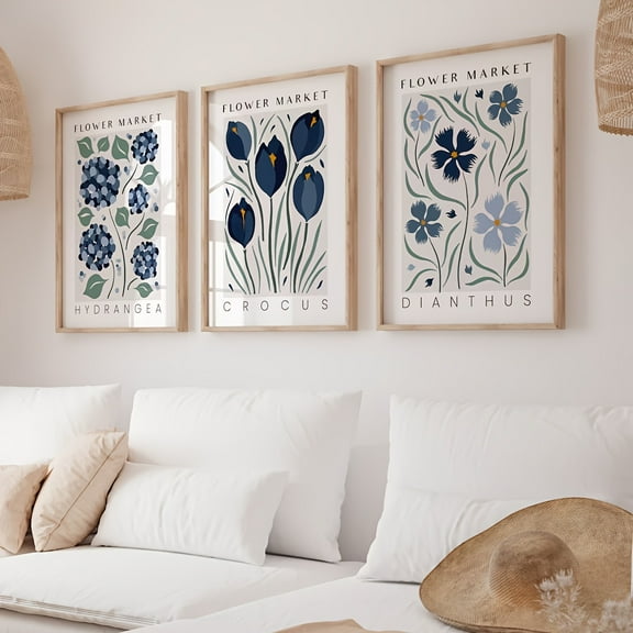 3pcs Navy Blue Floral Market Canvas Prints - Vintage Flower Gallery Wall Art, Unframed Botanical Posters for Living Room & Bedroom Decor, Modern Home Decoration, Flower Decor