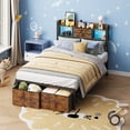 thumbnail image 2 of Fairy Twin Bed Frame with Bookcase Headboard, LED Light Strip & Charging Station, Platform Bed with 2 Storage Drawers, Rustic Brown, 2 of 8