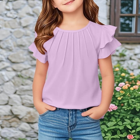 BLTIBY Girls Short Sleeve Shirts Summer Cute Solid Color Round Neck Ruffle Flying Sleeve Pleated Blouse Fashion Comfortbale Tops Purple 7-8 Years