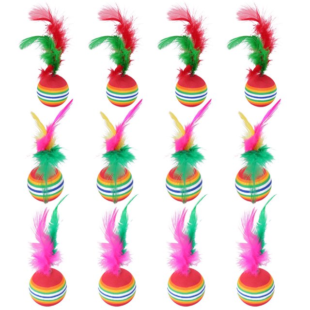 12PCS Cat Rainbow Ball Funny Fake Feather Kitten Play Toys Soft Pet Ball Toy