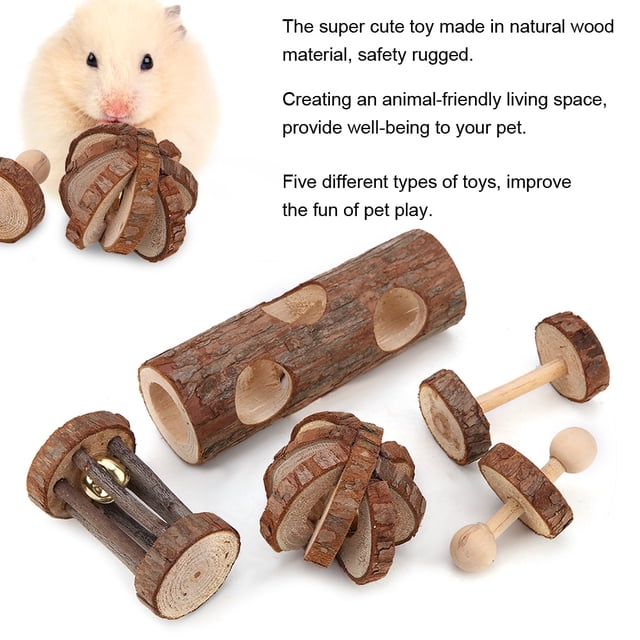 5 Piezas Madera Natural Juego de Juguetes para Masticar hámster Variedad Dientes molares Cuidado Juguete Juego Divertido Túnel de Juguete Chinchilla Mancuernas Monociclo Rodillo de Campana Ju Unbranded CW03638