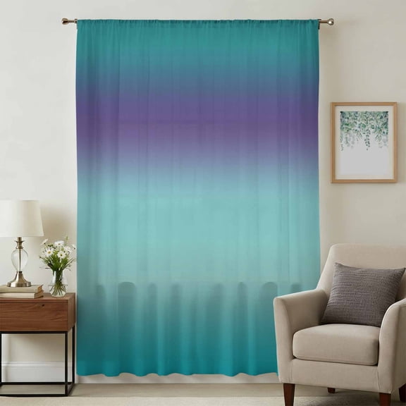 Teal Purple Ombre Sheer Curtains 96 Inches Long, Modern Gradient Abstract Art Light Filering Curtains, Privacy Drapes Simi Floor to Veiling Curtain for Living Room Bedroom Large Window Treatment