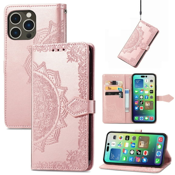 Jiahe Cover for iPhone 14 Pro Max Wallet Case PU Leather Mandala Flower Embossed with Card Holder Wrist Strap Kickstand Protective Lanyard Purse Cover for iPhone 14 Pro Max 6.7 Inch, Rosegold