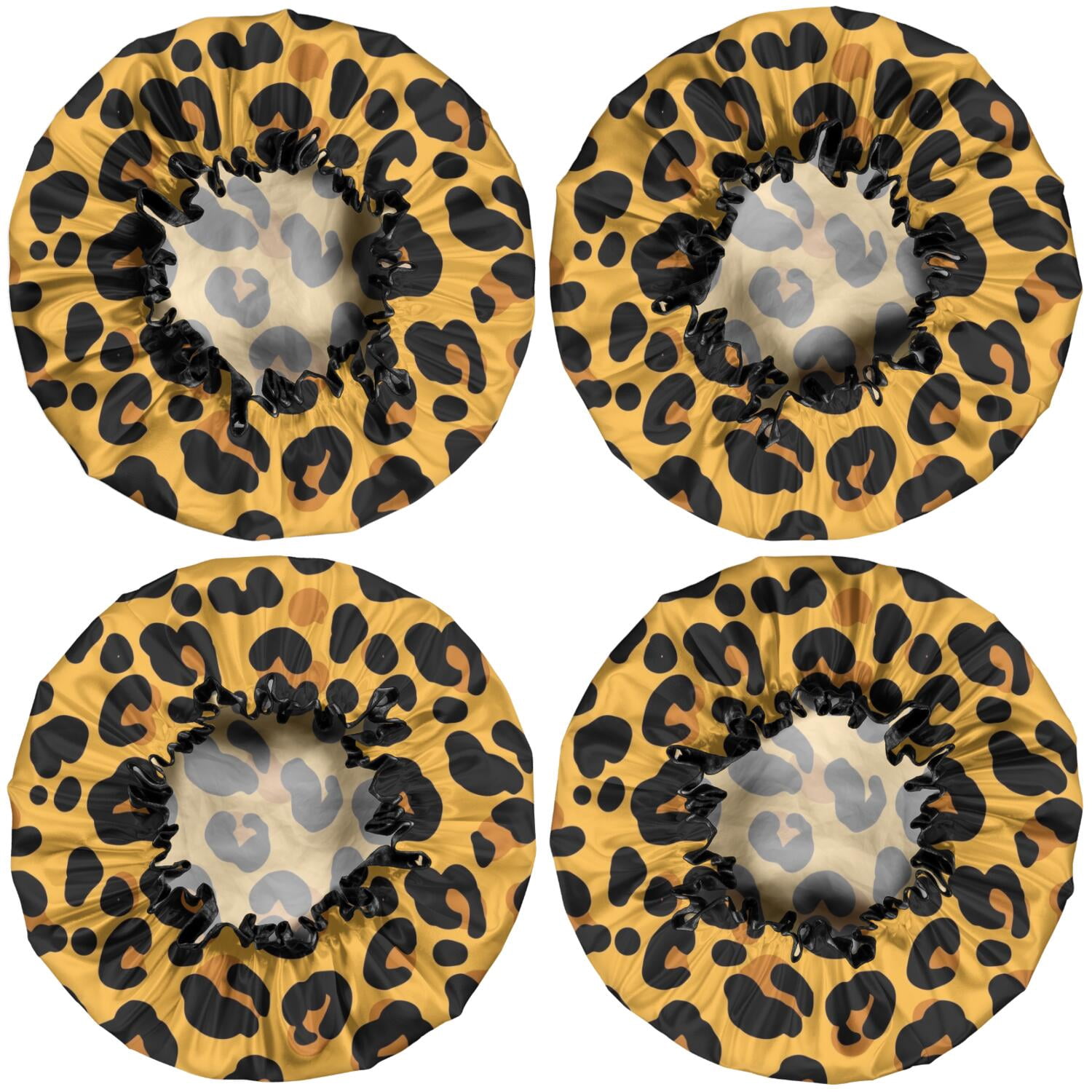Shower Caps,Yellow and Black Of Leopard Print Waterproof Shower Cap for Women 4 Pieces,Double Reusable Hair Cover for Shower PEVA Elastic Stretch Hem