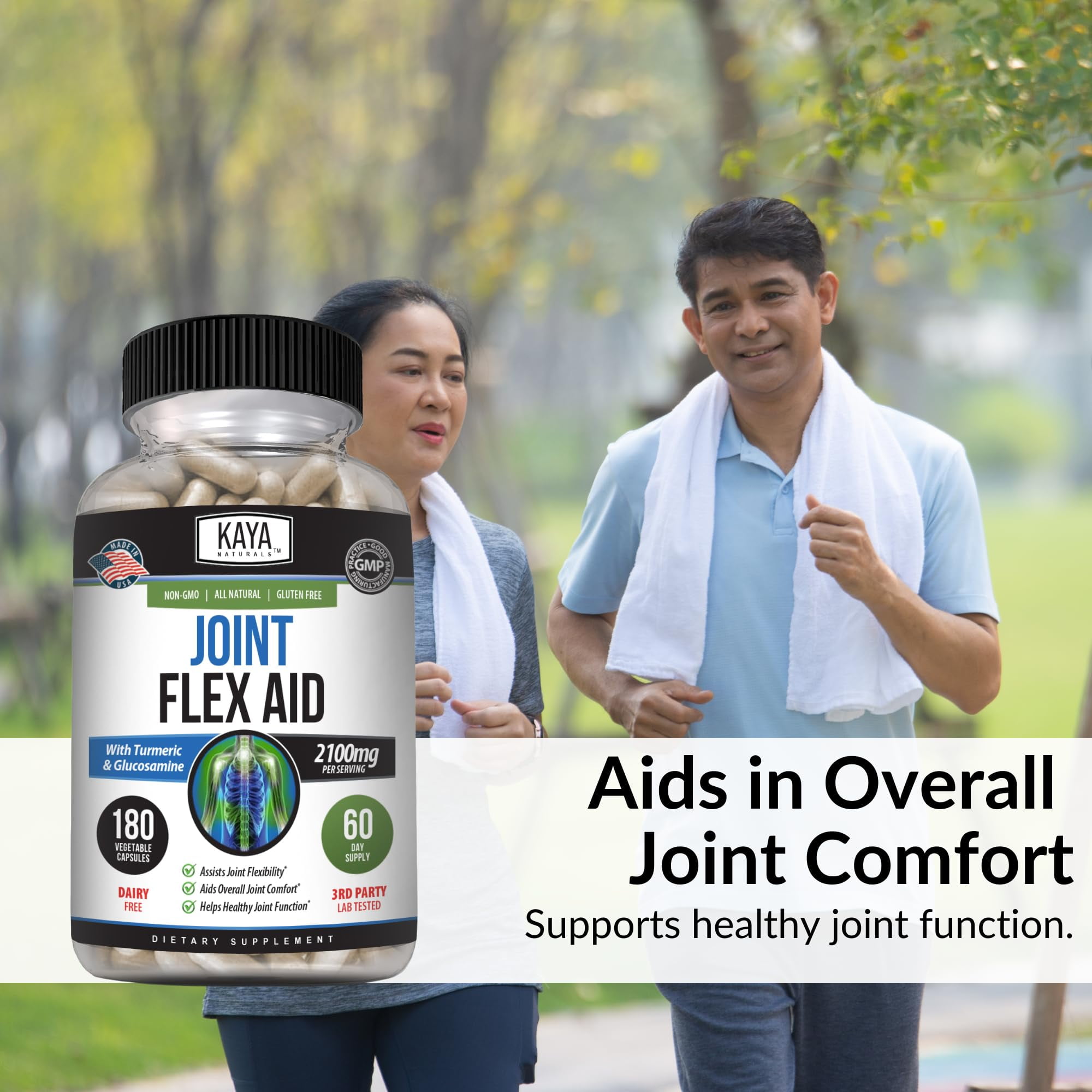 Kaya Naturals Flex Aid - Mobility Support KMC2Supplement for and Women - Turmeric Capsules with Glucosamine Sulfate, Boswellia Serrata and MSM - for Knee Support and Mobility Health - 180 Count
