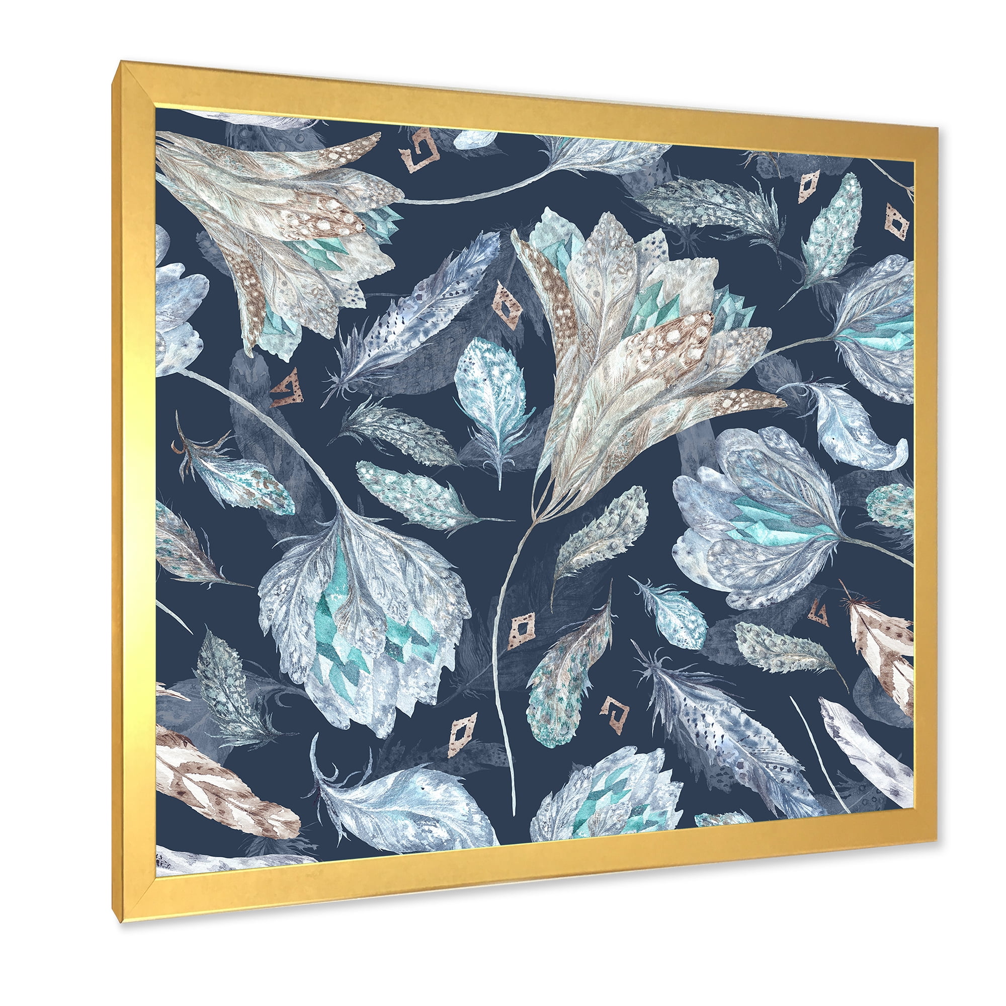 Designart 'Navy Blue Botanical Pattern With Feathers' Traditional Framed Art Print