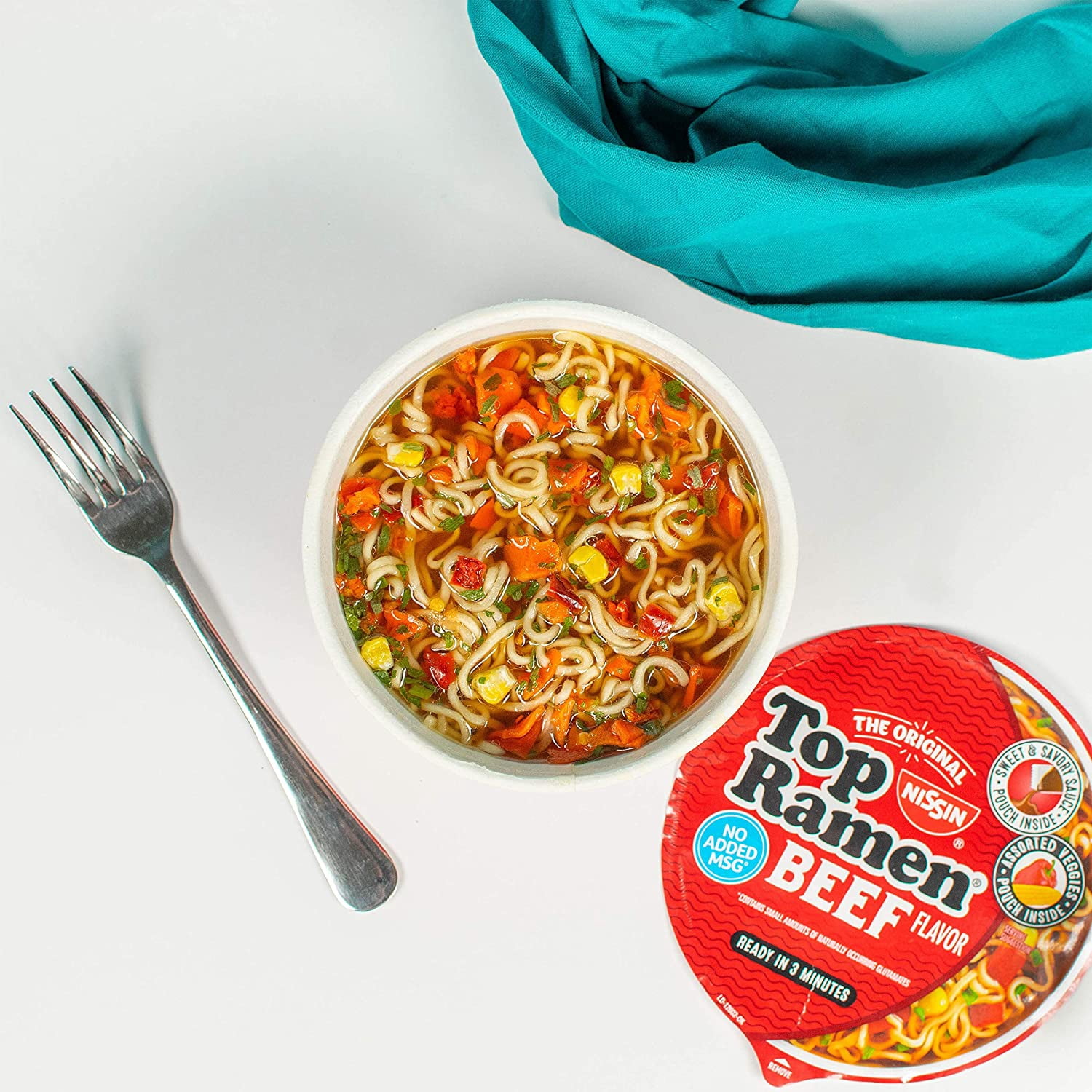 Everyday Necessiteez Nissin Top Ramen Bowl Ramen Noodle Soup, Beef, 3.28 Ounce (Pack of 12)~Includes Essentials Tote Bag & EE Porte Pot