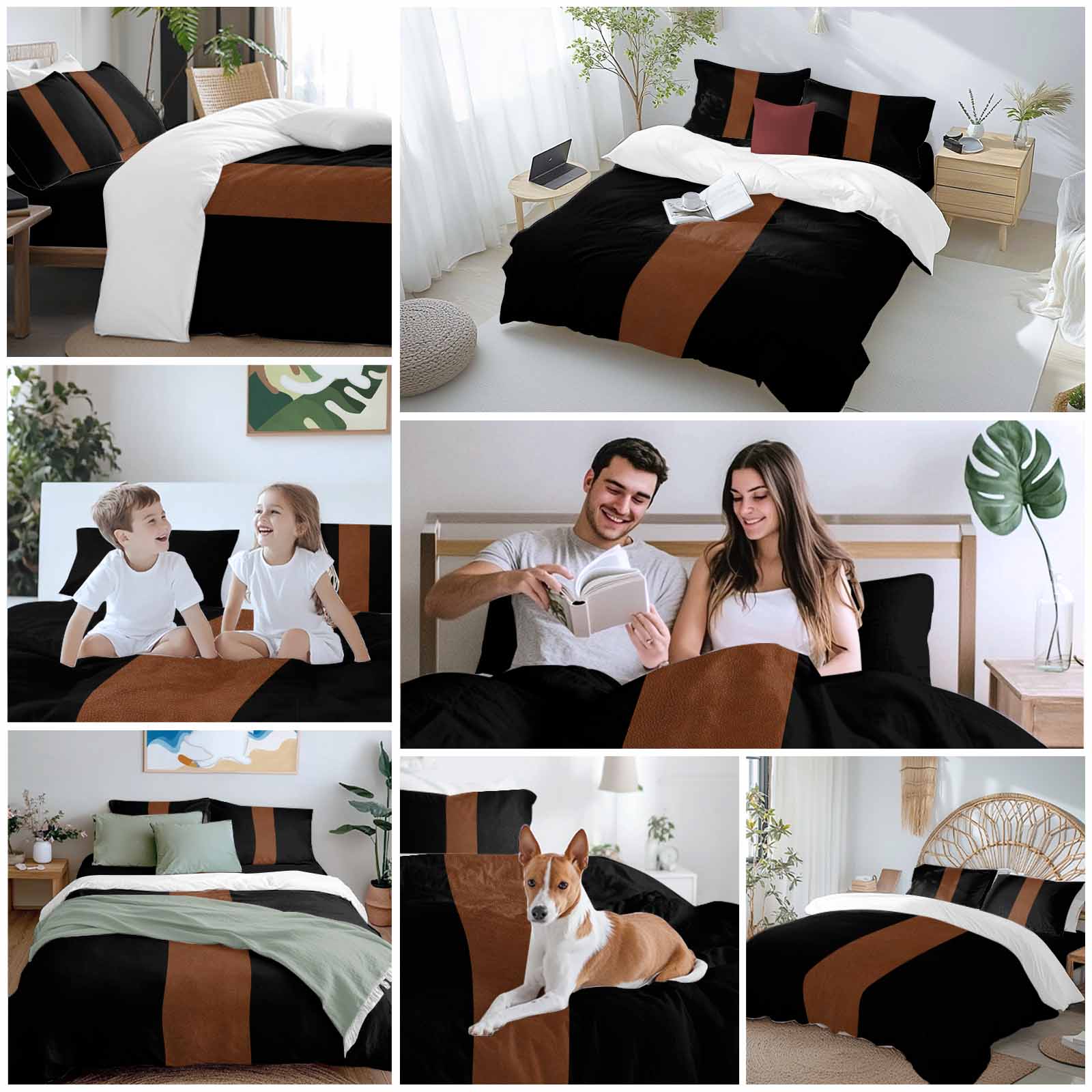 Boho Black Duvet Cover Set Queen Size and Brown Striped Tribal Farmhouse Style Soft Lightweight Comforter Covers 4 Piece Bedding Set with 1 Duvet Cover 1 Bed Sheet & 2 Pillow Shams