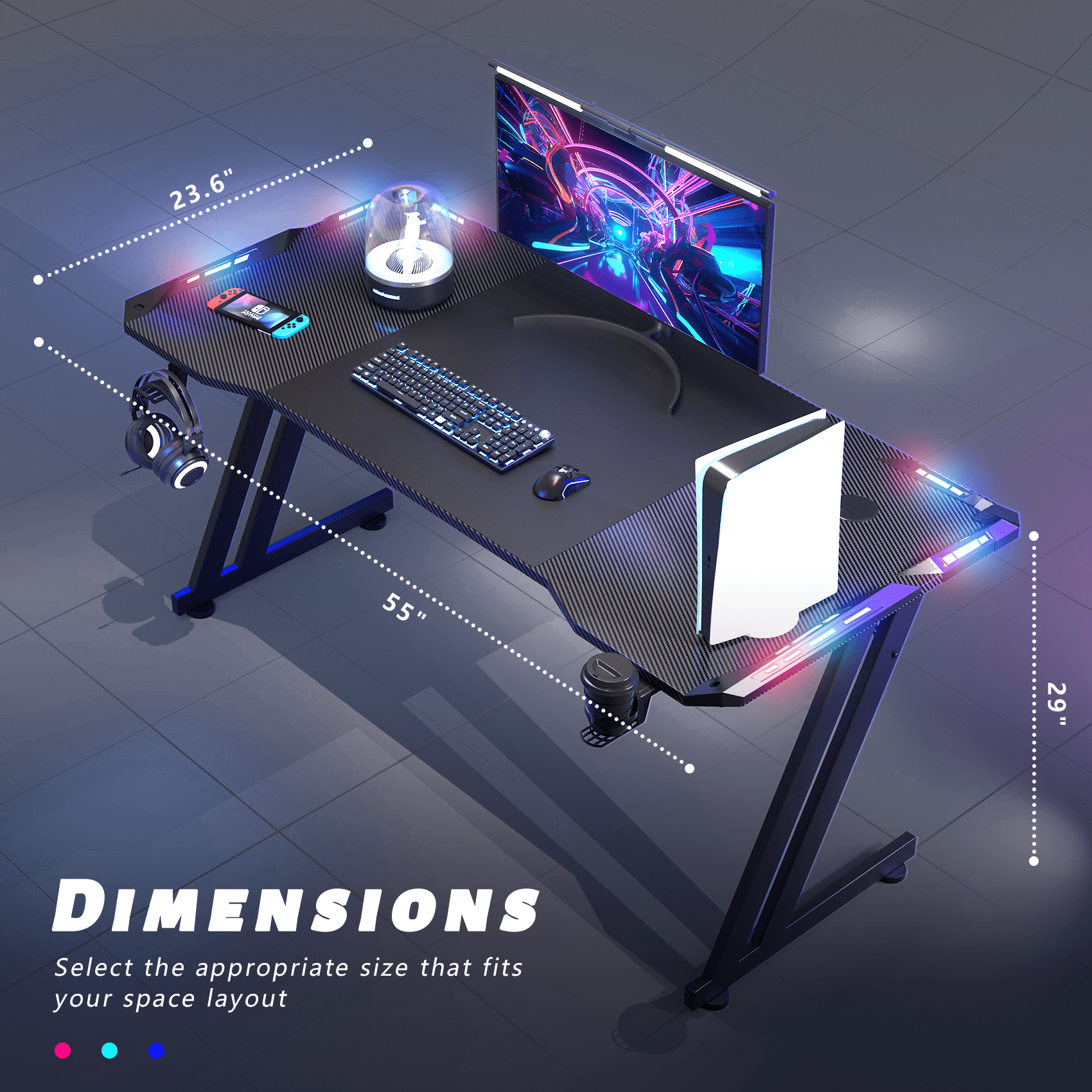 HLDIRECT 63 Inch LED Lit Gaming Desk Carbon Fibre Surface Ergonomic Office Desk with Cup Holder Headphone Hook Walmart