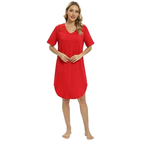 

Women s Nightgown Short Sleeve Nightdress Lace V Neck Sleepshirts Losse Comfy Sleep Dress