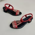 thumbnail image 6 of Womens Sandals Summer Women Beach Fashion Casual Daily Chunky Heel Open Toe Elastic Ankle Strap Peep Toe Rhinestone Slippers Shoes Red 5, 6 of 9