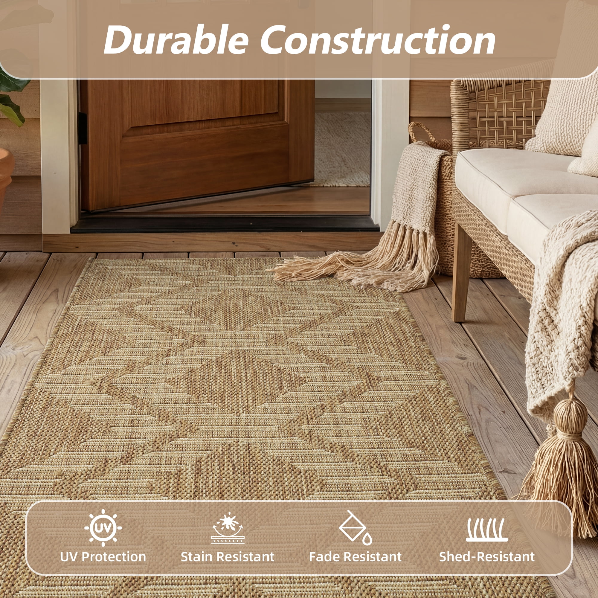 SIXHOME Outdoor Rugs 2'x8' Runner, Bohemian Geometry Patio Rug, Indoor Outdoor Polypropylene Weave Textured Carpet, Water-Resistant, Quick-Dry Rug for Porch, Balcony, RV, Garden, Neutral Brown