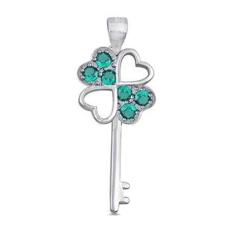 Silver Clover Key Pendant - Simulated Emerald Cubic Zirconia Clover Key To My Heart Pendant Sterling Silver