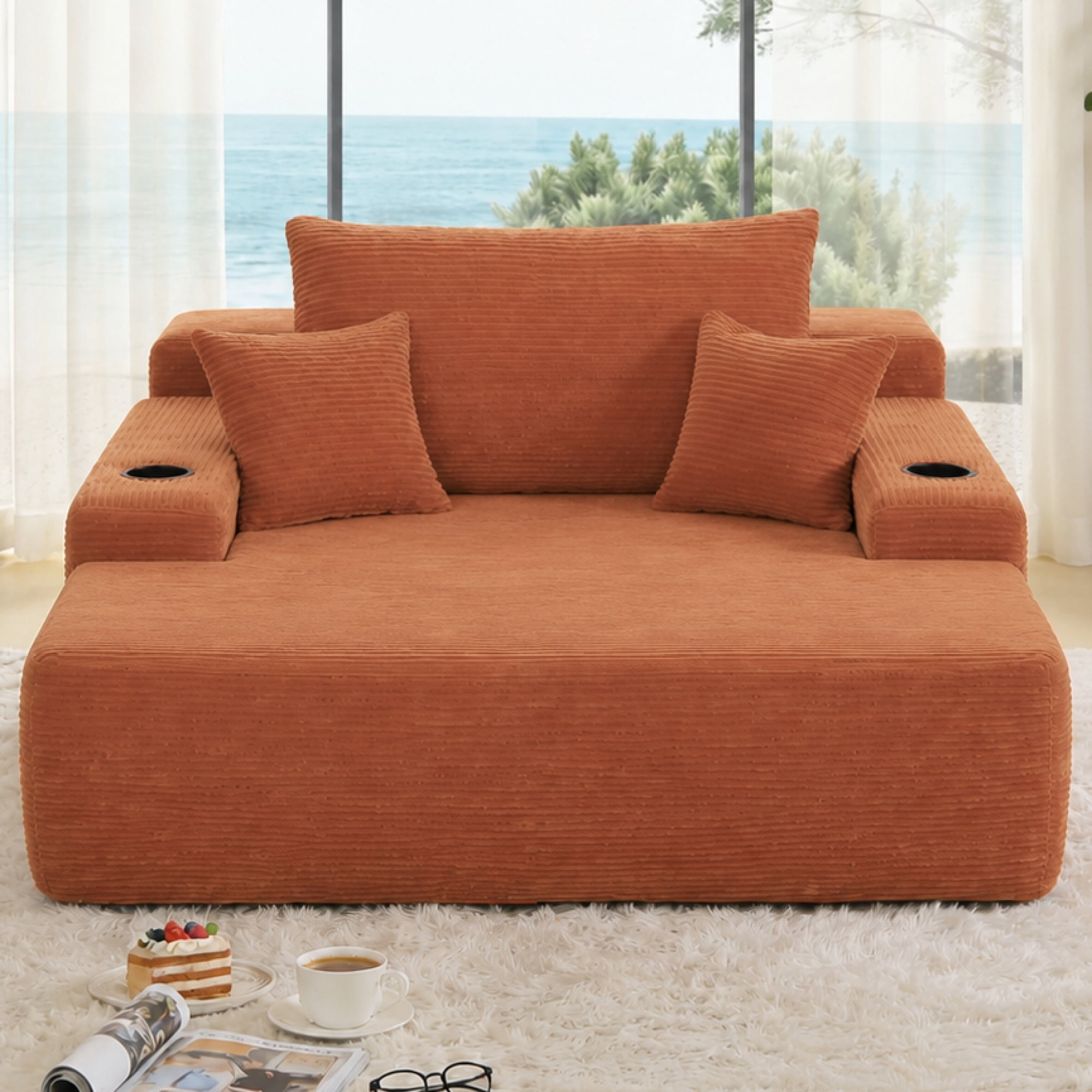Leumius Oversized Chaise Lounge Chair Indoor,Upholstered Corduroy Cloud Couch Boneless Sofa Bed with Wide Armrest & Throw Pillows,Cup Holder for Living Room,Bedroom,No Assembly Required,Orange