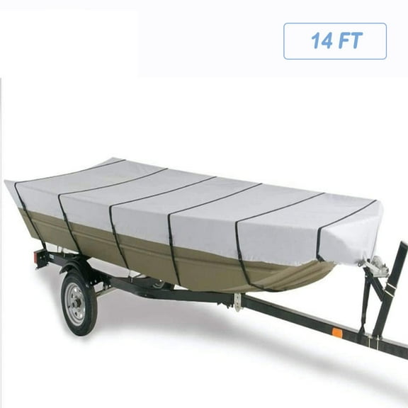 14FT x 70" 210D Marine Grade Boat Cover， Waterproof Heavy-Duty Trailerable Fit for Jon Boat, Grey