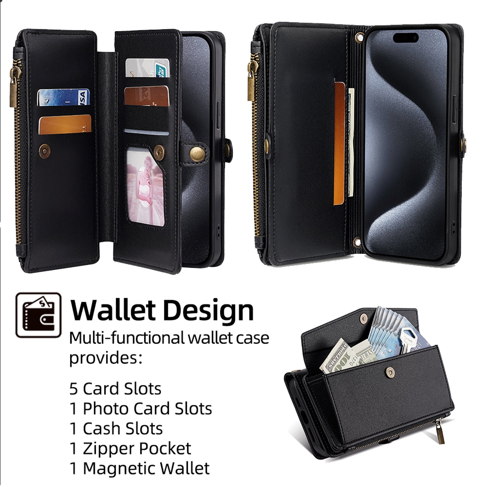 Compatible with iPhone 16 Pro Max Crossbody Wallet Case,Flip Folding Kickstand,With Card Slots,Long Strap&Short Strap,Zipper Pocket,Shockproof Heavy Duty PU Leather Phone Case,Black