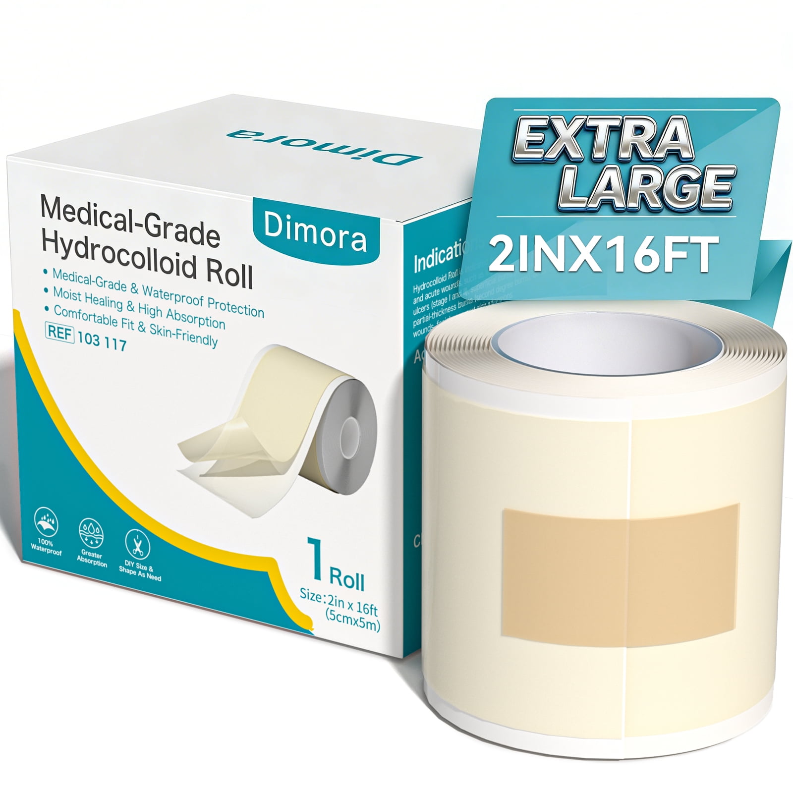 Dimora Hydrocolloid Roll 2" × 16',Medical Grade Hydrocolloid Bandages for Wound Care, Burn, Blister, Acne Care, Cut-to-Size, Ultra Absorbent, Waterproof, First Aid Kit Essential