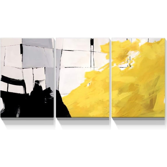 Rosework Framed Canvas Wall Art, 12x16 Inch, Abstract Black Yellow and White Hand Painted Artwork, Made In USA