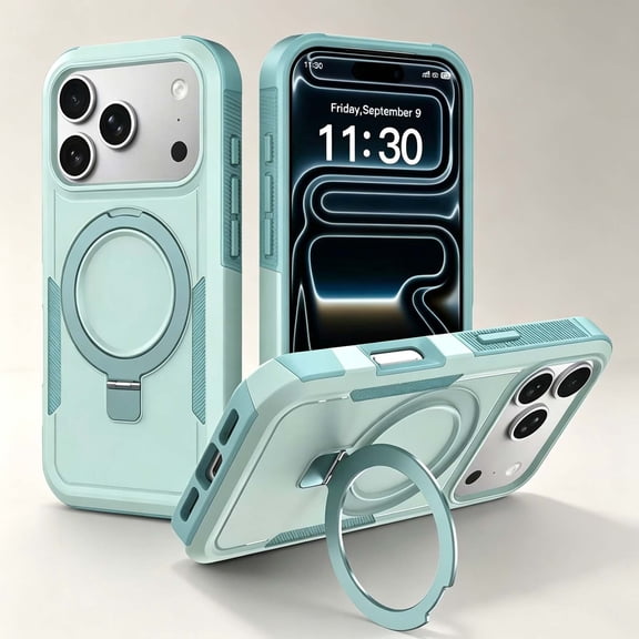 For iPhone 14 Phone Case,2-in-1 Hybrid Heavy Duty Protection,Contractile Ring Kickstand,Compatible with Mag-Safe,Shockproof Non-Slip Drop Protection Rugged Phone Case,Mint