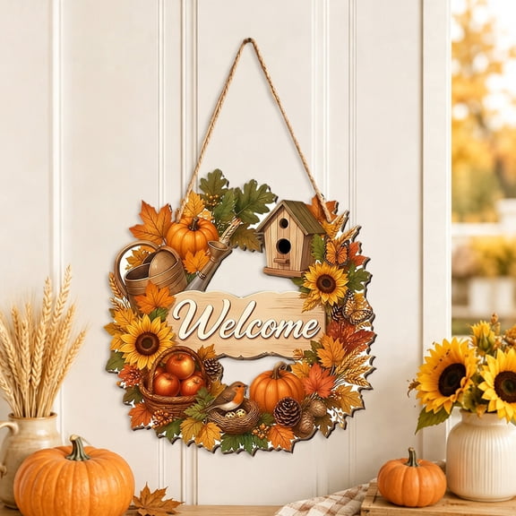Fall Door Hanger Welcome Sign, Fall Wreath Front Door Sign, Autumn Decor | Autumn Doors Decor, Pumpkin Maple Leaf Football Wreath Wood Hanging Signs for Outdoor Home Farmhouse Porch Wall Decoration