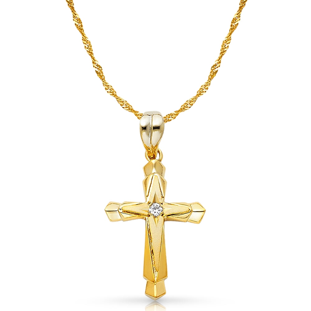 14K Yellow Gold Jesus Crucifix Cross of Caravaca Pendant with 1.2mm Singapore Chain Chain Necklace