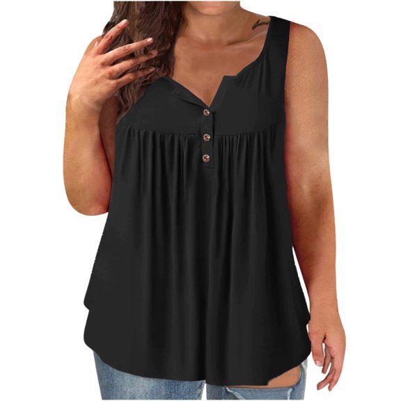 Ndbuld Tank Tops for Women Womens Tank Summer Solid Sleeveless Flared Trendy Casual Blouse Button Tunic Shirt Tops Black XL