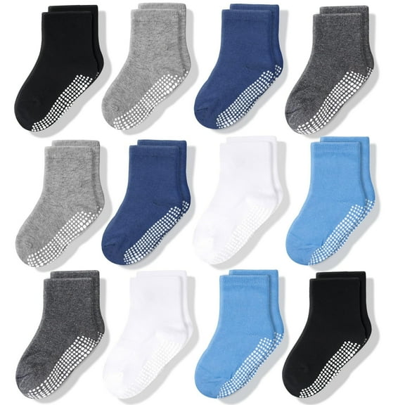 CozyWay Toddler Socks with Grippers - Non-Slip Grippers & Arch Support in Grippy Toddler Cotton Socks - 3T-5T, 12 Pack, Blue/White/Dark Gray