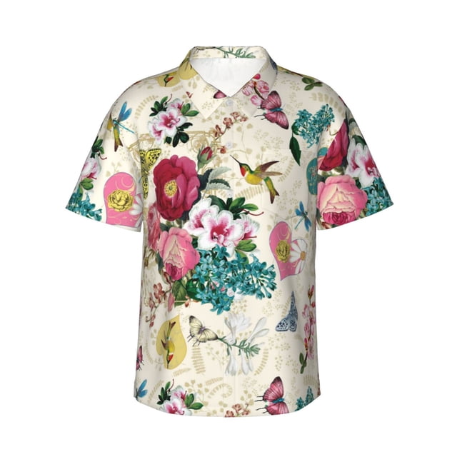 Fotbe Bird Butterfly Rose Camisa Hawaiana para Hombre Unisex – Camisa Casual de Verano con Botones de Manga Corta de Algodón y Lino,Medium