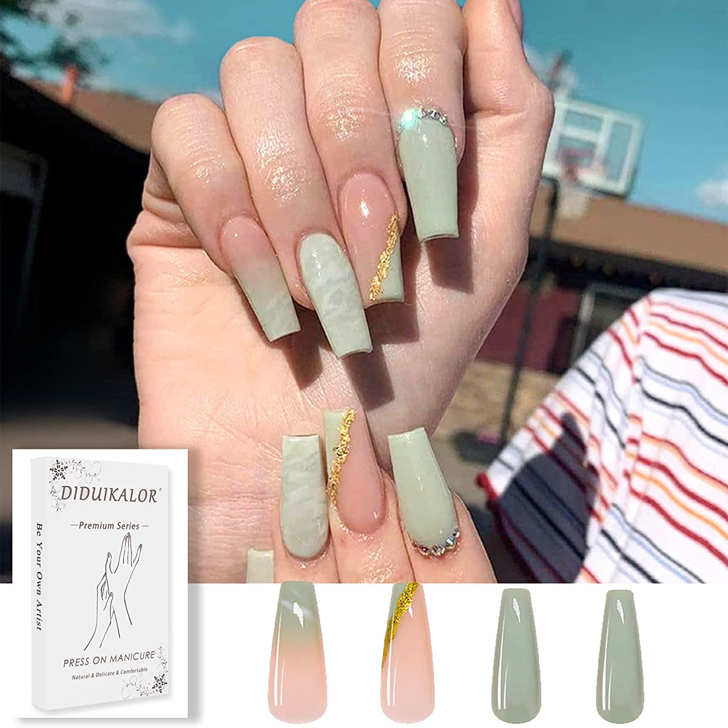 Press On Nails Green Coffin Glitter Rhinestone False Nails for Women Girls  with Nail Glue and Jelly Gel, Green Long Coffin Acrylic Fake Nails Luxury  Charms Trendy Uñas Acrilicas con Diseños Decoradas -
