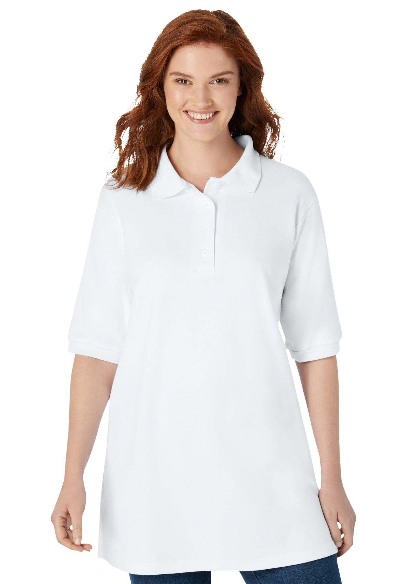 Woman Within Women's Plus Size Elbow-Sleeve Polo Shirt 