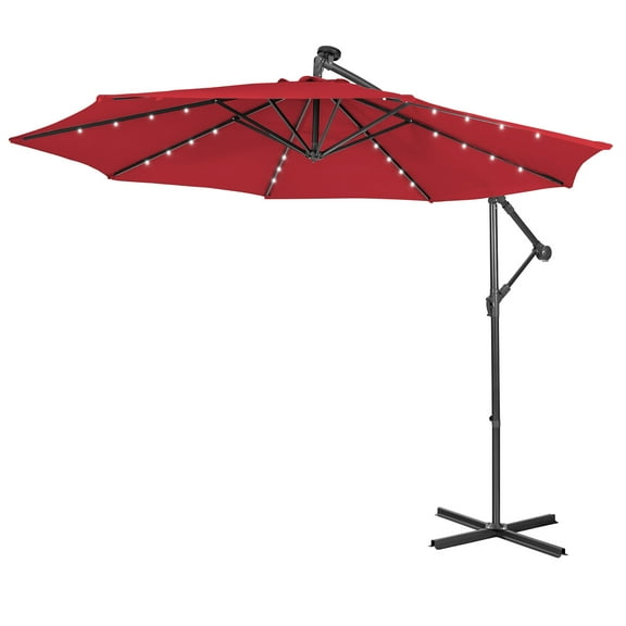 Patiojoy 10FT Patio Umbrella with 32 LED Lights Solar Powered Pool Umbrellas 8 Ribs Cantilever Offset Umbrella for Outdoor Wine