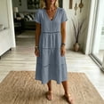 thumbnail image 6 of Josdec Women's Casual Solid Color Cotton Dress V-Neck Eyelet Cutwork Short Sleeve Tiered Midi Dress for Daily Wear in Spring Summer S-3XL, 6 of 6