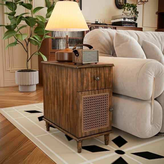 Small Wood Rattan End Table With Drawer&Cabinet, Vintage Narrow Bedside Table With Door, Slim Sofa Side Table Nightstand for Small Spaces, Living Room, Bedroom-Walnut
