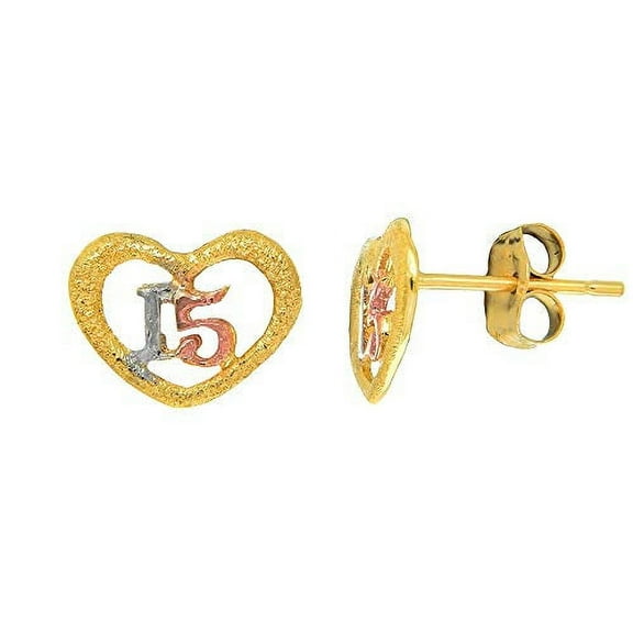 JewelStop 14K Yellow Rose Gold Quinceanera 15 Anos Heart Stud Push Back Earrings Small