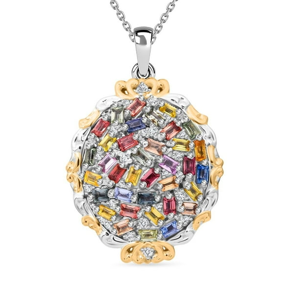 Multi Sapphire and White Zircon 4.15 ctw Prism Blossom Pendant Necklace in 18K Vermeil Yellow Gold and Rhodium Plated Sterling Silver 20 Inches Birthday Gifts