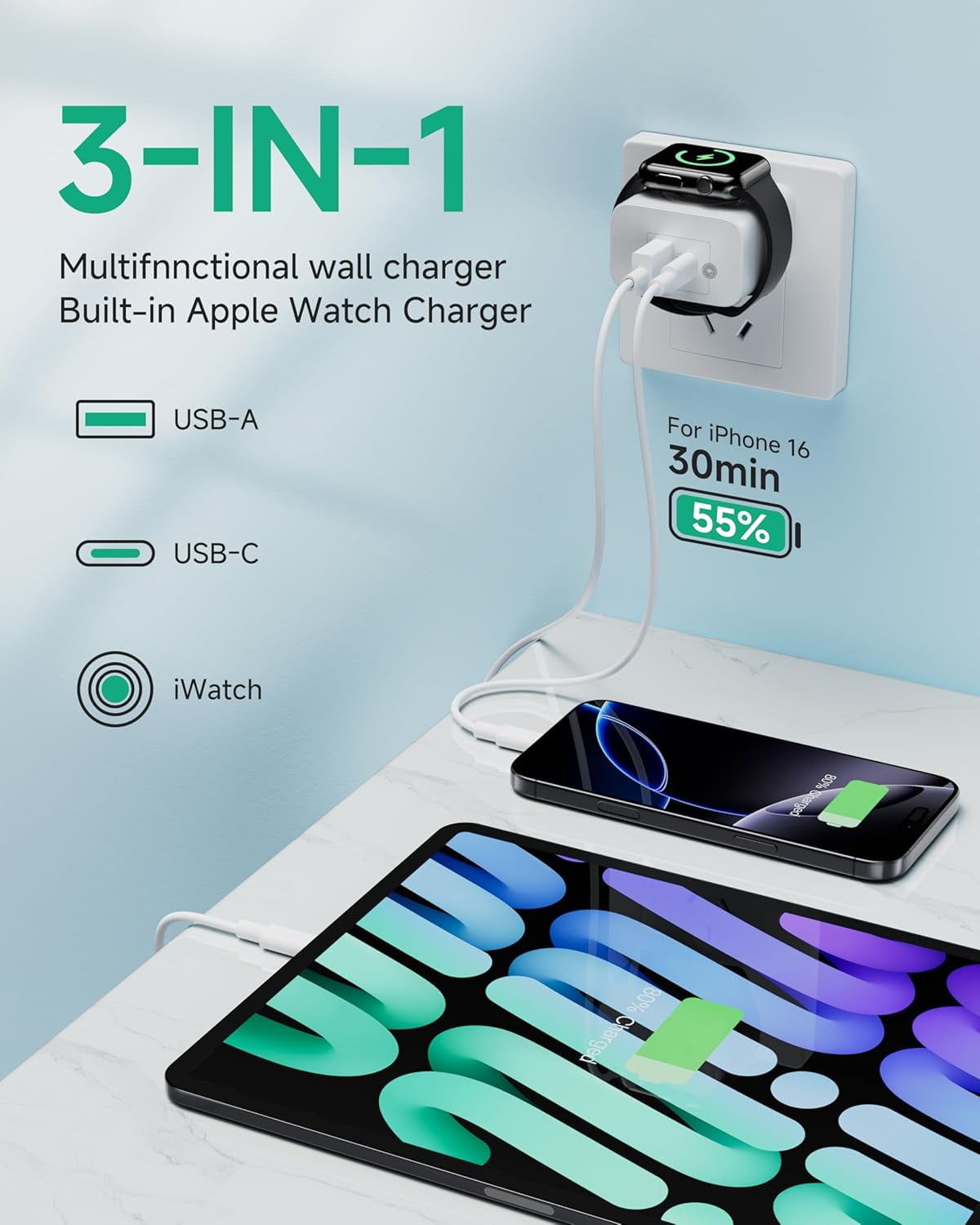for Apple Watch Charger, USB C Charger Block,3 in 1 23W Fast Charging, Portable Plug Travel Essential Charge for iWatch Series Ultra/SE/10/9/8/7/6, iPhone 17/16/15/Pro Max,iPad Pro/Air, White